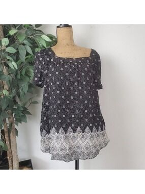 Caffe Marrakesh Blouse Floral Hearts Square Neck Black White Large